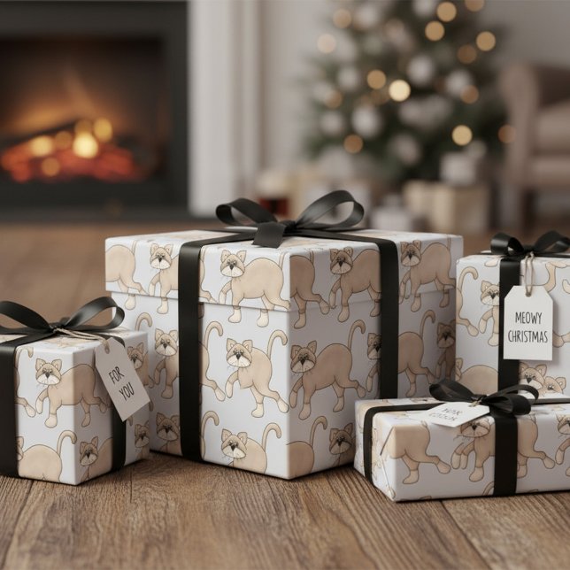 Beige Cat Drawing with Green Eyes Geschenkpapier (Von Creator hochgeladen)