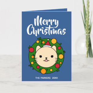 Beige Cat Wreath   Blue Merry Christmas Foto Feiertagskarte