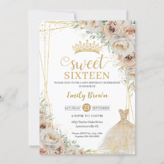 Beige Champagne Creme Gold Floral 16 . Geburtstag Einladung