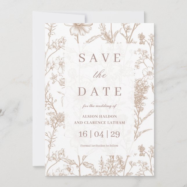 Beige Chinoiserie Wildblume Wedding Save the Date Einladung (Vorderseite)