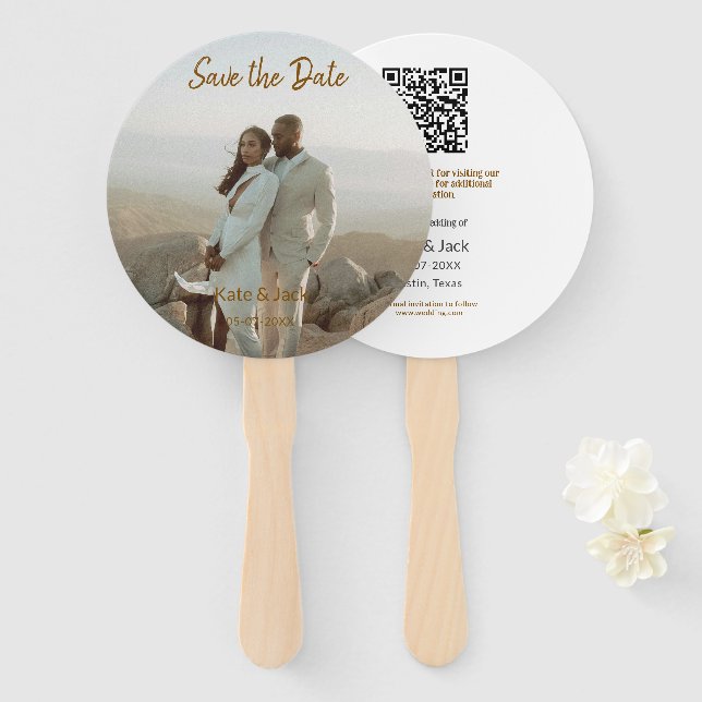 BEIGE CLASSIC ELEGANT COUPLE ADD QR SAVE THE DATE FÄCHER (Vorne und Hinten)