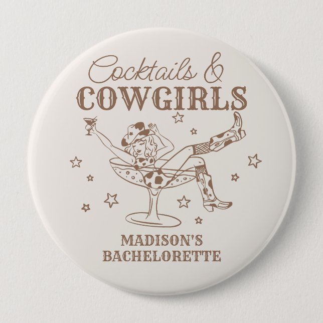 Beige Cocktails und Cowgirls Bachelorette Favorite Button (Vorderseite)
