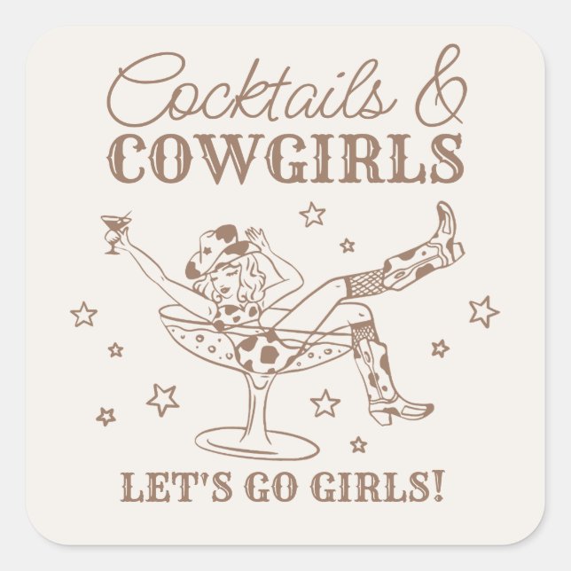 Beige Cocktails und Cowgirls Rodeo Bachelorette Quadratischer Aufkleber (Vorderseite)