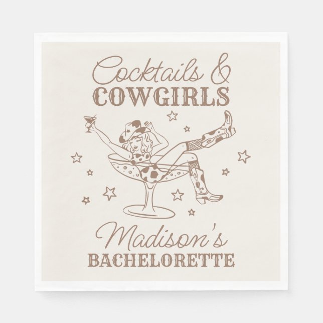 Beige Cocktails und Cowgirls Rodeo Bachelorette Serviette (Vorderseite)