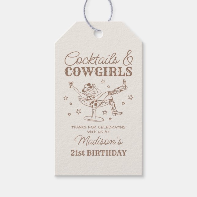 Beige Cocktails und Cowgirls Rodeo Birthday Gefall Geschenkanhänger (Vorderseite)