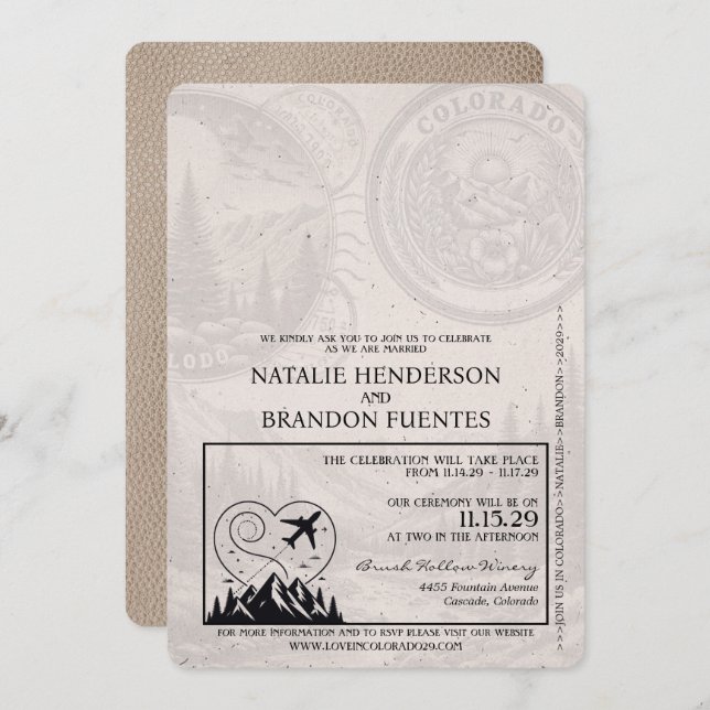 Beige Colorado Passport Wedding Einladung (Vorne/Hinten)