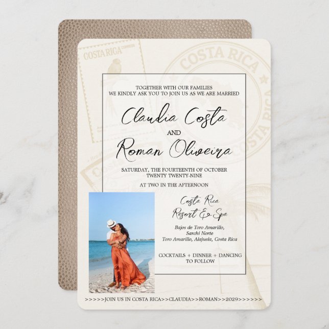 Beige Costa Rica Passport Hochzeitseinladung Einladung (Vorne/Hinten)