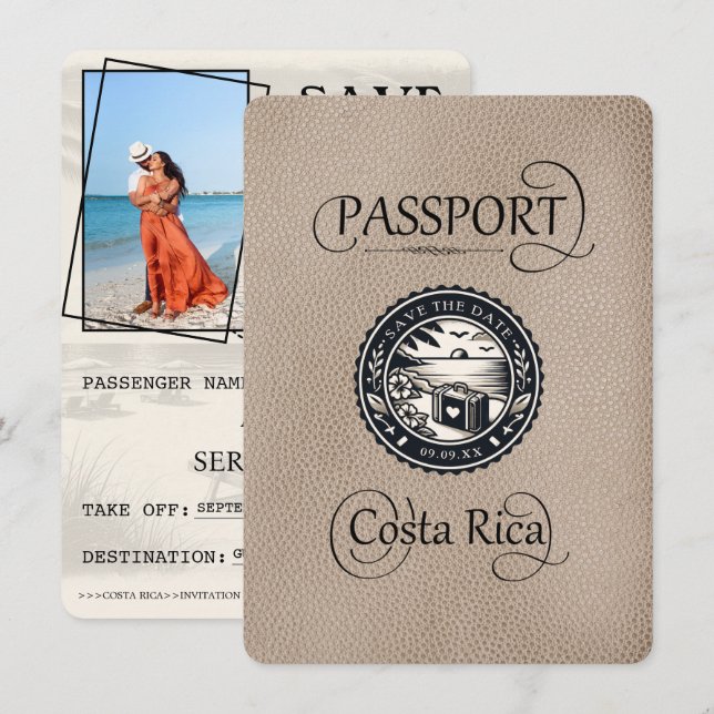 Beige Costa Rica Passport Save The Date (Vorne/Hinten)