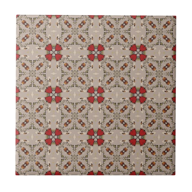 Beige Cranberry Red Square Muster Geometrie Fliese (Vorderseite)