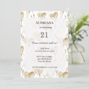 Beige Cream Brown White Hearts Boho Birthday Einladung