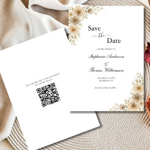 Beige Creme Grau Floral Elegant Modern QR-Code Save The Date