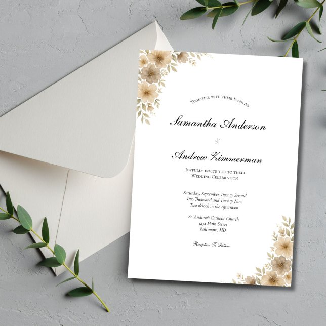 Beige Creme Grau neutrale Blütenelegante Hochzeit Einladung (Beige Cream Gray Neutral watercolor Florals Wedding Invitation. Boho Modern, Printed or Digital)