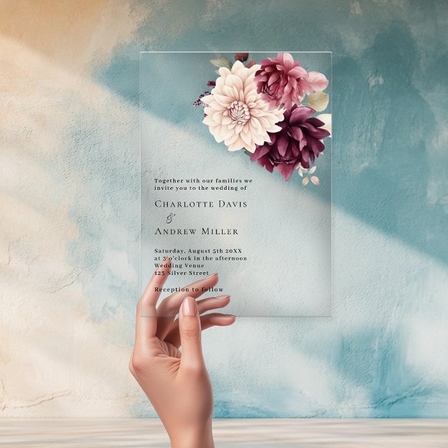 Beige cremefarbene Bordeaux klare Hochzeit Acryleinladungen (Von Creator hochgeladen)