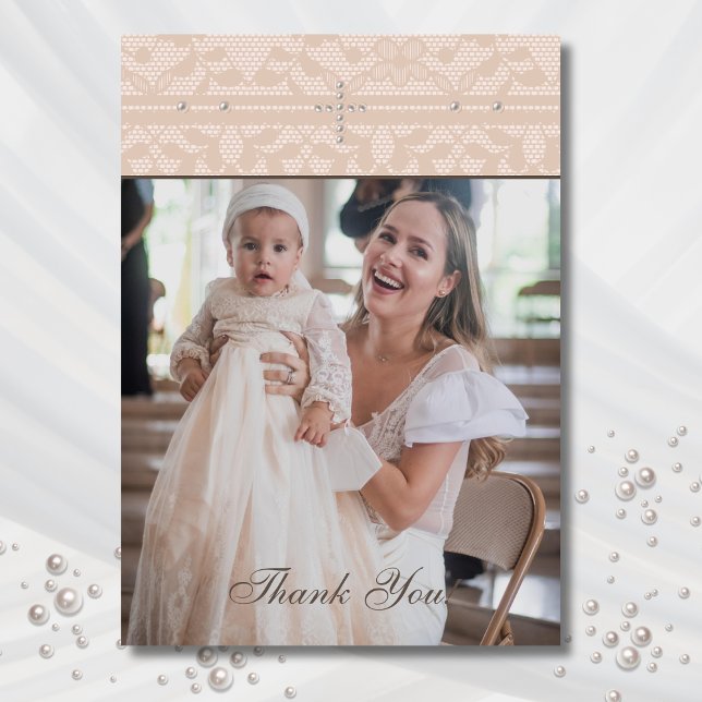 Beige Cross Christian Baptism Photo Thank You Card Dankeskarte (Von Creator hochgeladen)