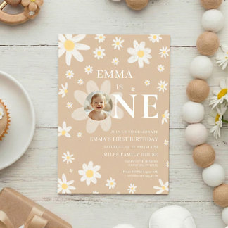 Beige Daisy First 1st Birthday Photo invitation Einladung