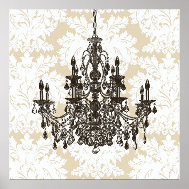 Beige Damask Chandelier Wall Art Print Poster (Vorne)