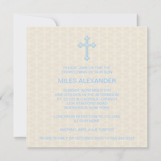 Beige Damask Cross Blue Boy Christening Einladung (Vorderseite)