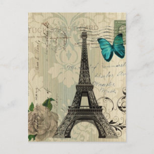 Beige Damask Schmetterling Rose Paris Eiffel Tower Postkarte