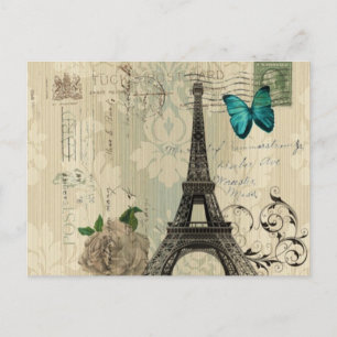 Beige Damask Schmetterling Rose Paris Eiffel Tower Postkarte