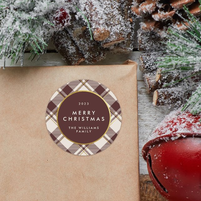 Beige & Dark Red Tartan Kariert Frohe Weihnachten Runder Aufkleber (Von Creator hochgeladen)