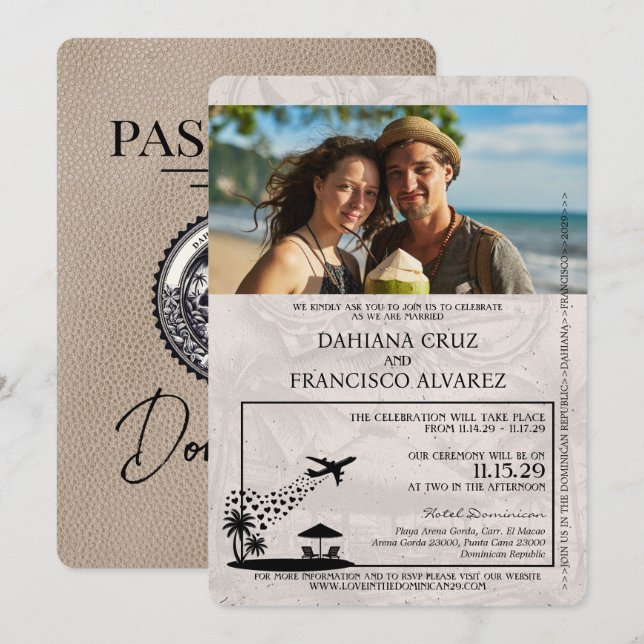 Beige Dominikanische Republik Pass Wedding Einladung (Vorne/Hinten)