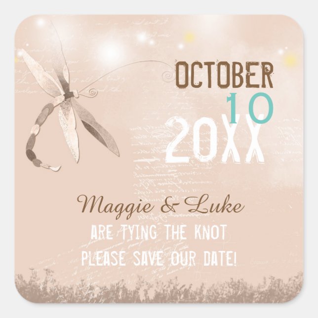 Beige Dragonfly Hochzeit Save the Date Quadratischer Aufkleber (Vorderseite)