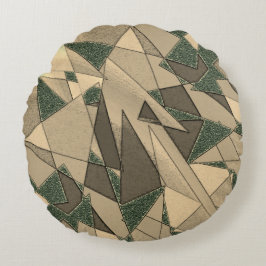 Beige dreieckige Ausschnitt auf dunkelgrünem Hinte Rundes Kissen
