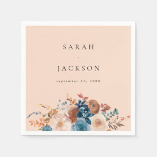Beige & Dusty Blue Floral Name Napkins V2 - Beige Serviette