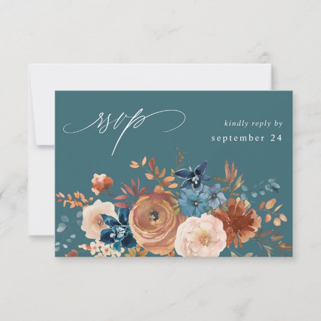 Beige & Dusty Blue Floral w Meal UAWG - Aquamarin RSVP Karte (Vorderseite)