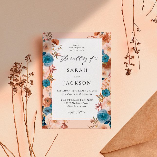 Beige & Dusty Blue Floral Wedding S2 Einladung (Von Creator hochgeladen)