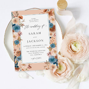 Beige & Dusty Blue Floral Wedding S2 - w Aquamarin Einladung