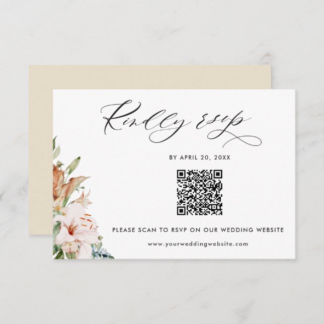 Beige Earthy Blooms QR Code UAwg Online-Hochzeit Begleitkarte (Vorne/Hinten)