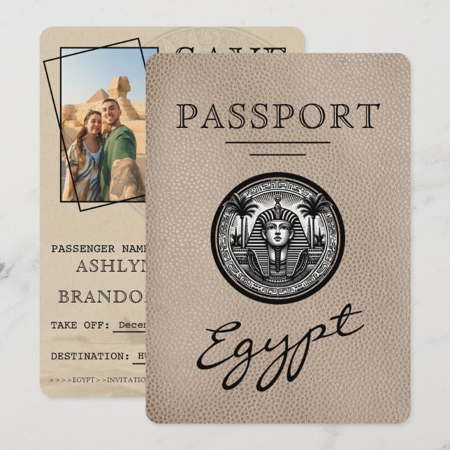 Beige Egypt Passport Wedding Save the Date (Vorne/Hinten)