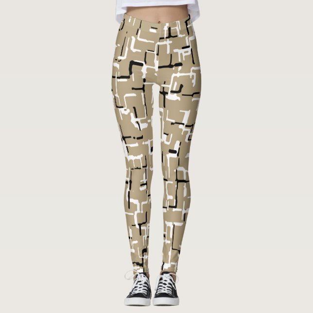 Beige Einzigartiges Schwarzweiß-Muster Leggings (Vorderseite)