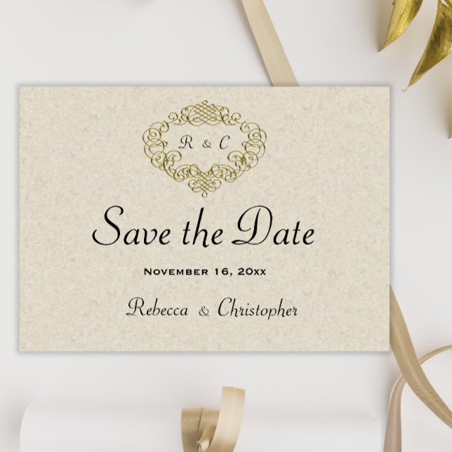 Beige Elegance Gold Wappen Wedding Save The Date (Von Creator hochgeladen)
