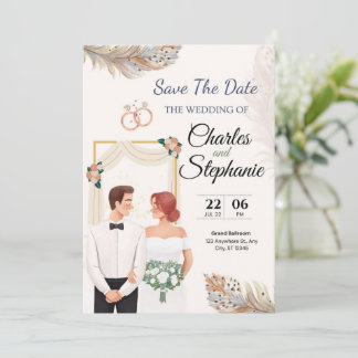 Beige Elegant Illustrative Floral,with couple Einladung