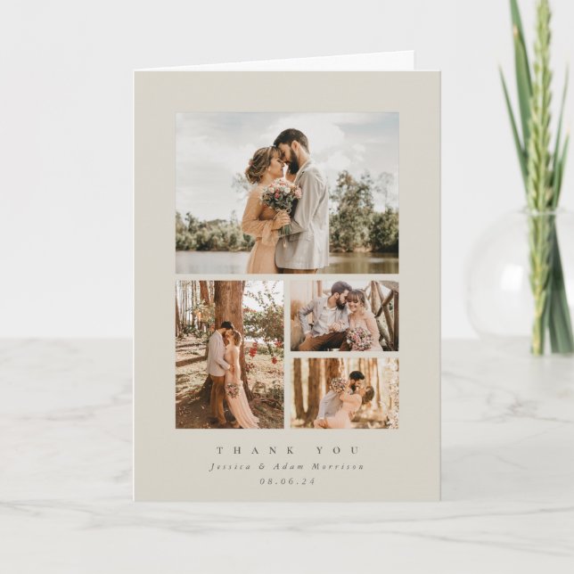 Beige Elegant Minimal 4 Foto Hochzeit Dankeskarte (Vorderseite)