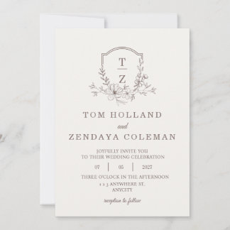 Beige elegante florale Monogramm-Hochzeitseinladun Einladung