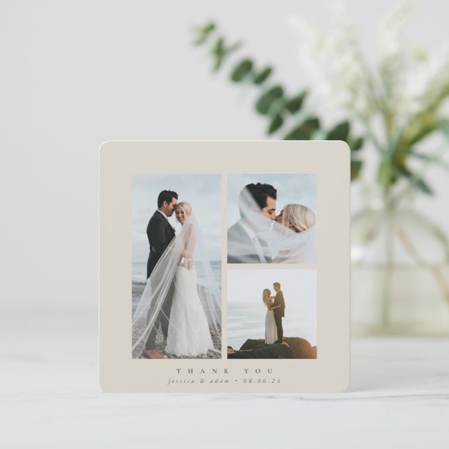 Beige Elegante Square Drei Foto Hochzeitswohnung Dankeskarte (Stehend Vorderseite)