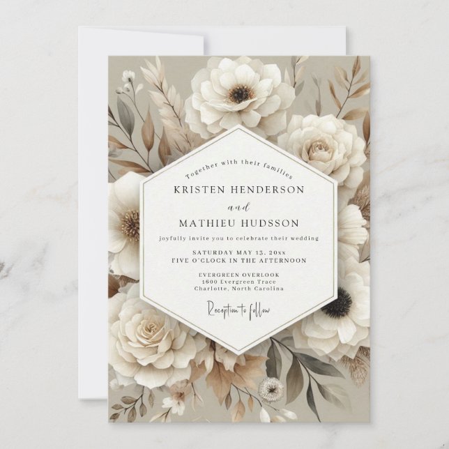 Beige erdige Pampas-Hochzeit Einladung (Vorderseite)