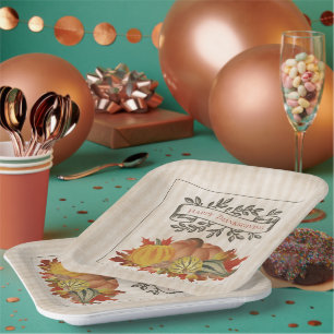 Beige Erntedank Pumpkins und Squash Pappteller