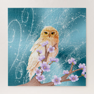 Beige Eule auf der Lila Blumenzweigung Magischer S Puzzle