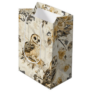 Beige Eulen Cottagecore Blumenmuster Mittlere Geschenktüte