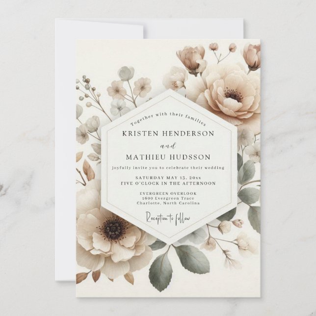 Beige Faded Bloom Wedding Einladung (Vorderseite)