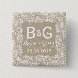 Beige Faux-Lineneffekt & Weißes Blumen-Spitzenrahm Button