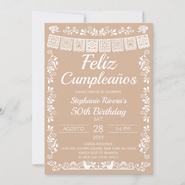 Beige Feliz Cumpleaños 50. Geburtstag Einladung (Vorderseite)