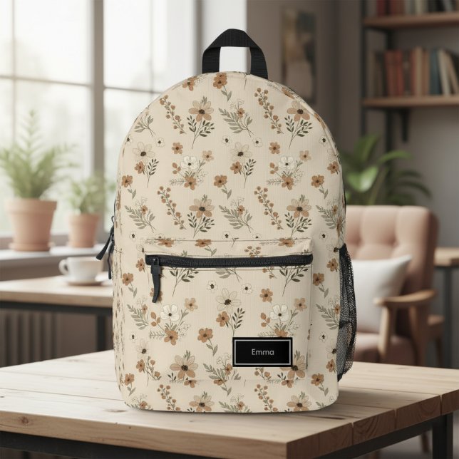 Beige Floral Backpack for Her, Customizable Bedruckter Rucksack (Von Creator hochgeladen)