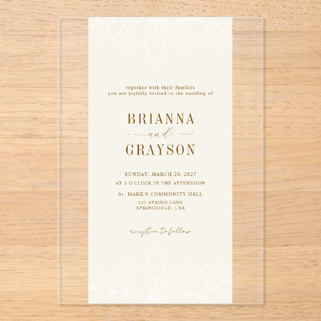 Beige Floral Elegant Minimalist Photo Back Wedding Acryleinladungen (Vorderseite)