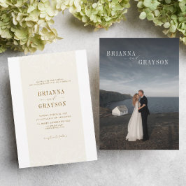 Beige Floral Elegant Minimalist Photo Back Wedding Einladung