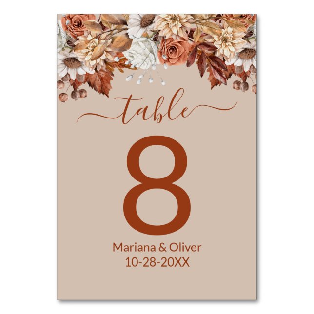 Beige Floral Fall Tischnummer (Vorderseite)